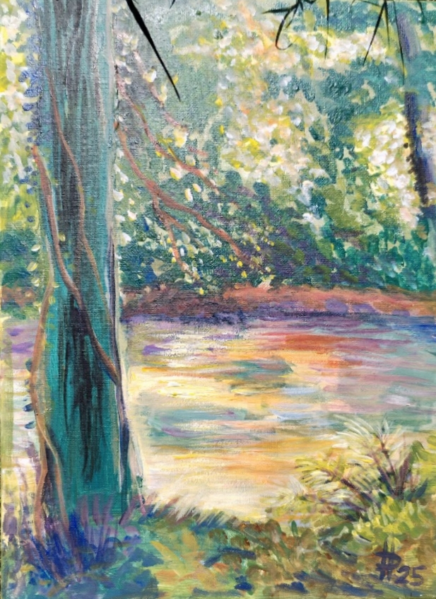 Bretaň: Les zamilovaných v Pont Aven, 2025, akryl na plátně, 40 x 30 cm