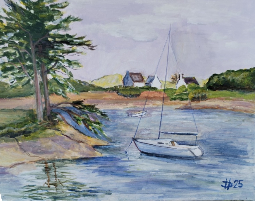 Bretaň: Loďka za přílivu, 2025, akryl na plátně, 40 x 50 cm