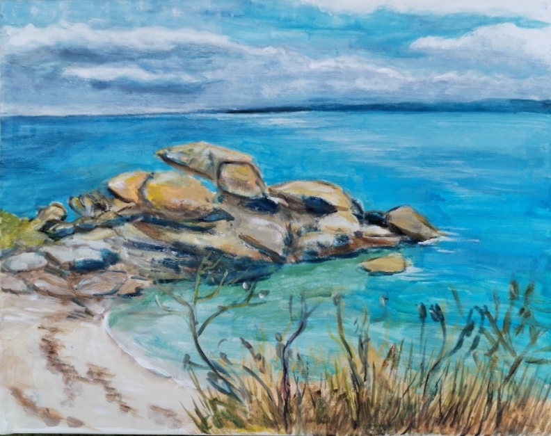 Bretaň: Pohled na pláž, 2025, akryl na plátně, 40 x 50 cm