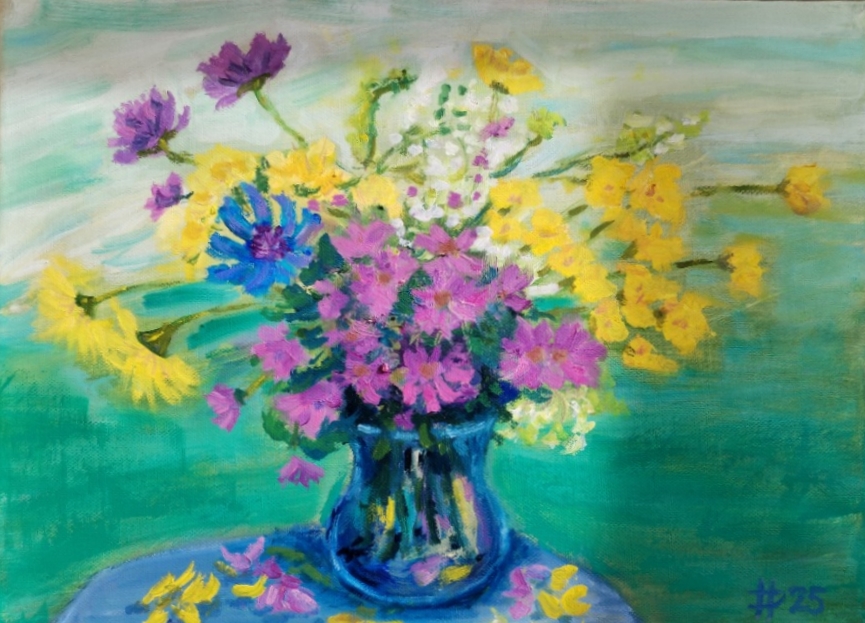 Roztodivná kytice, 2025, olej na plátně, 30 x 40 cm