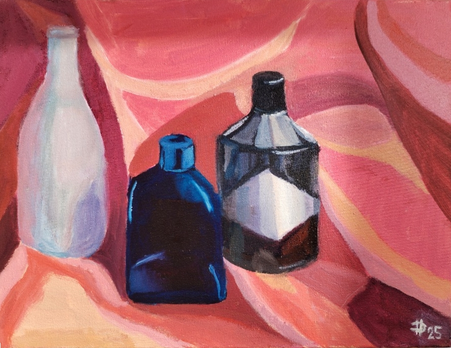 Růžové zátiší, 2025, olej na plátně, 30 x 40 cm