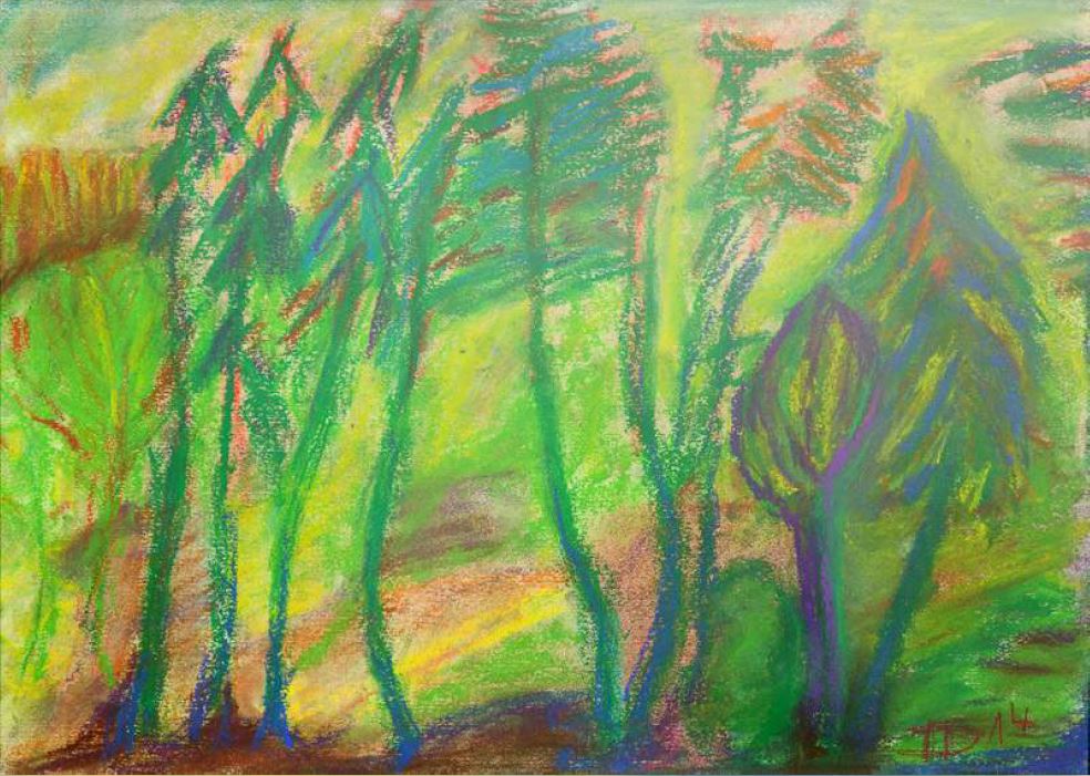 Zešílevší les, 2014, pastel na papíře, 31 x 44 cm